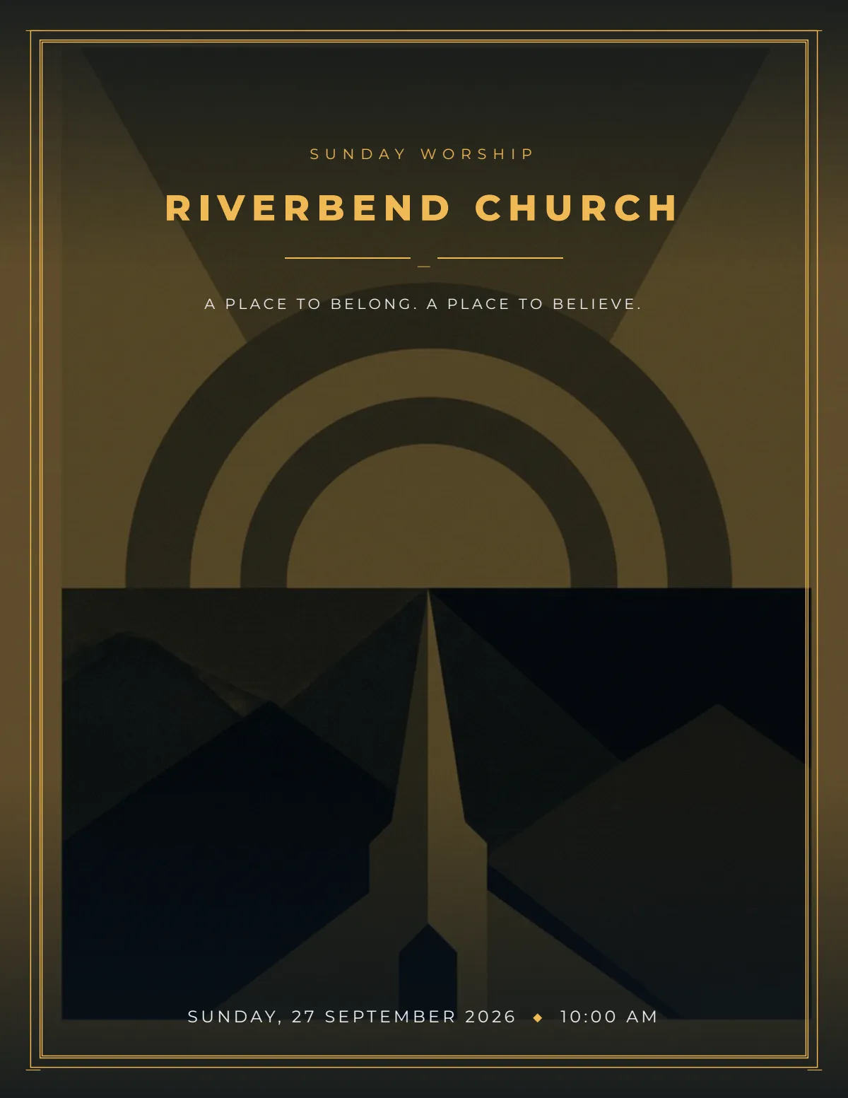 Contemporary church bulletin template — Riverbend Church with modern sans-serif type and a worship set in the order of service