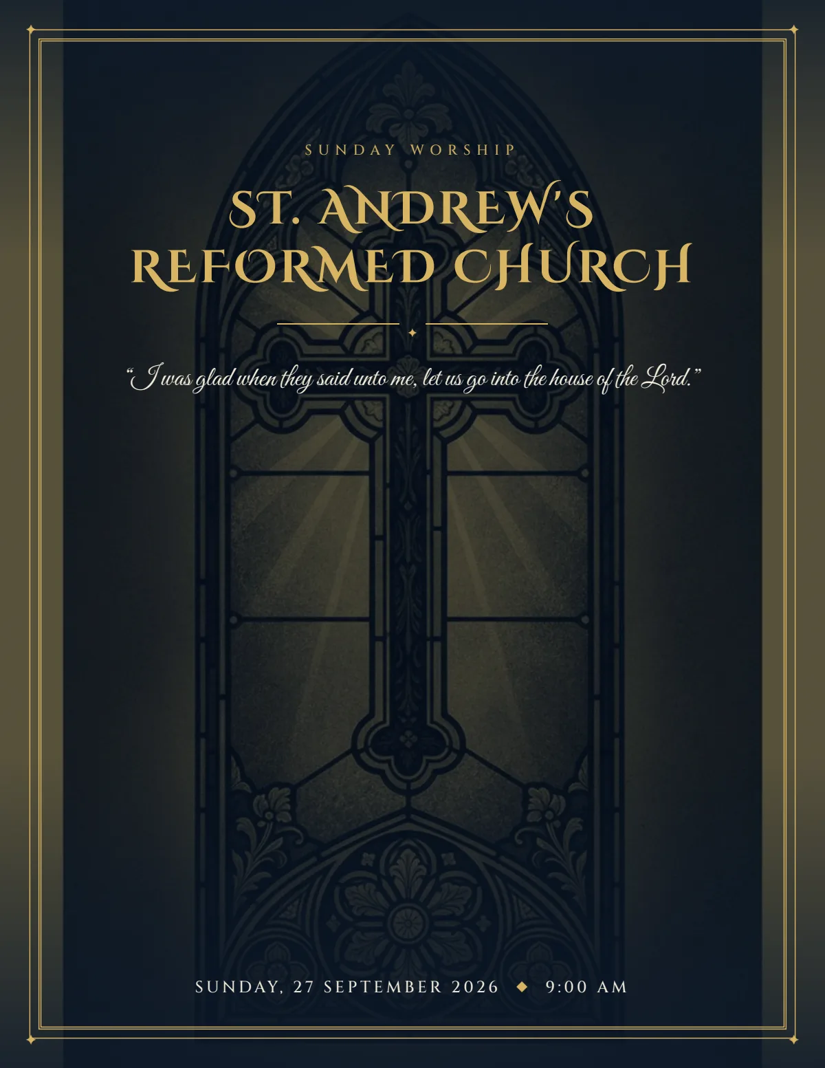 Traditional church bulletin template — St. Andrew’s Reformed Church, navy cover with gold Cinzel lettering