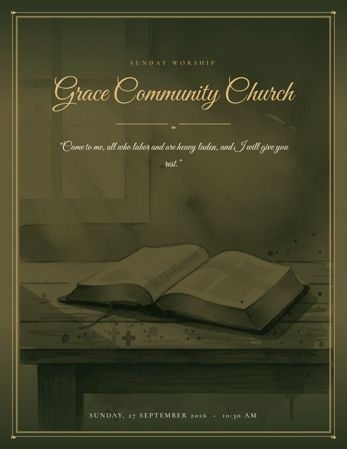 Warm and welcoming church bulletin template — Grace Community Church in gold script over artwork of an open Bible