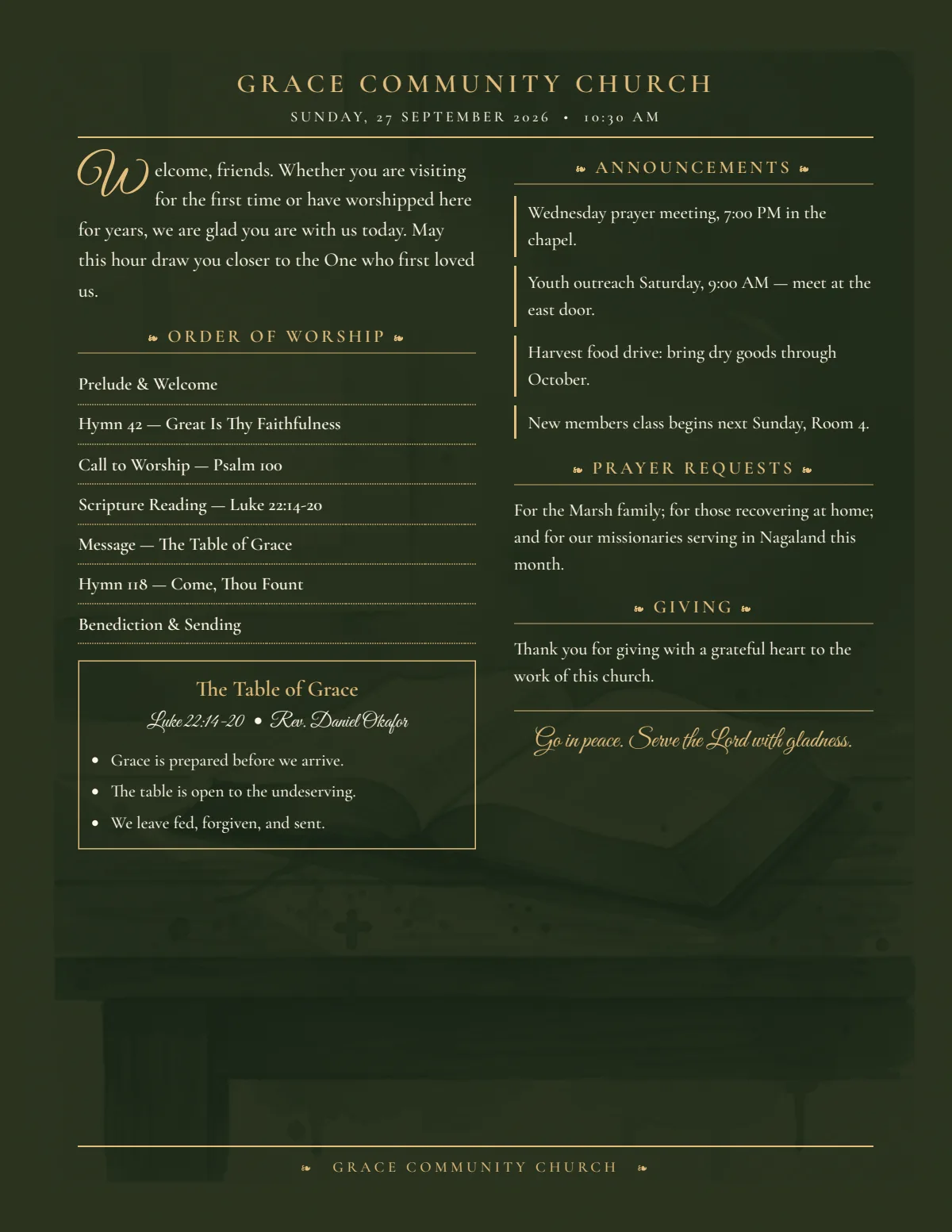 Inside spread of the warm church bulletin template, showing the order of worship, sermon notes, announcements, prayer list and giving